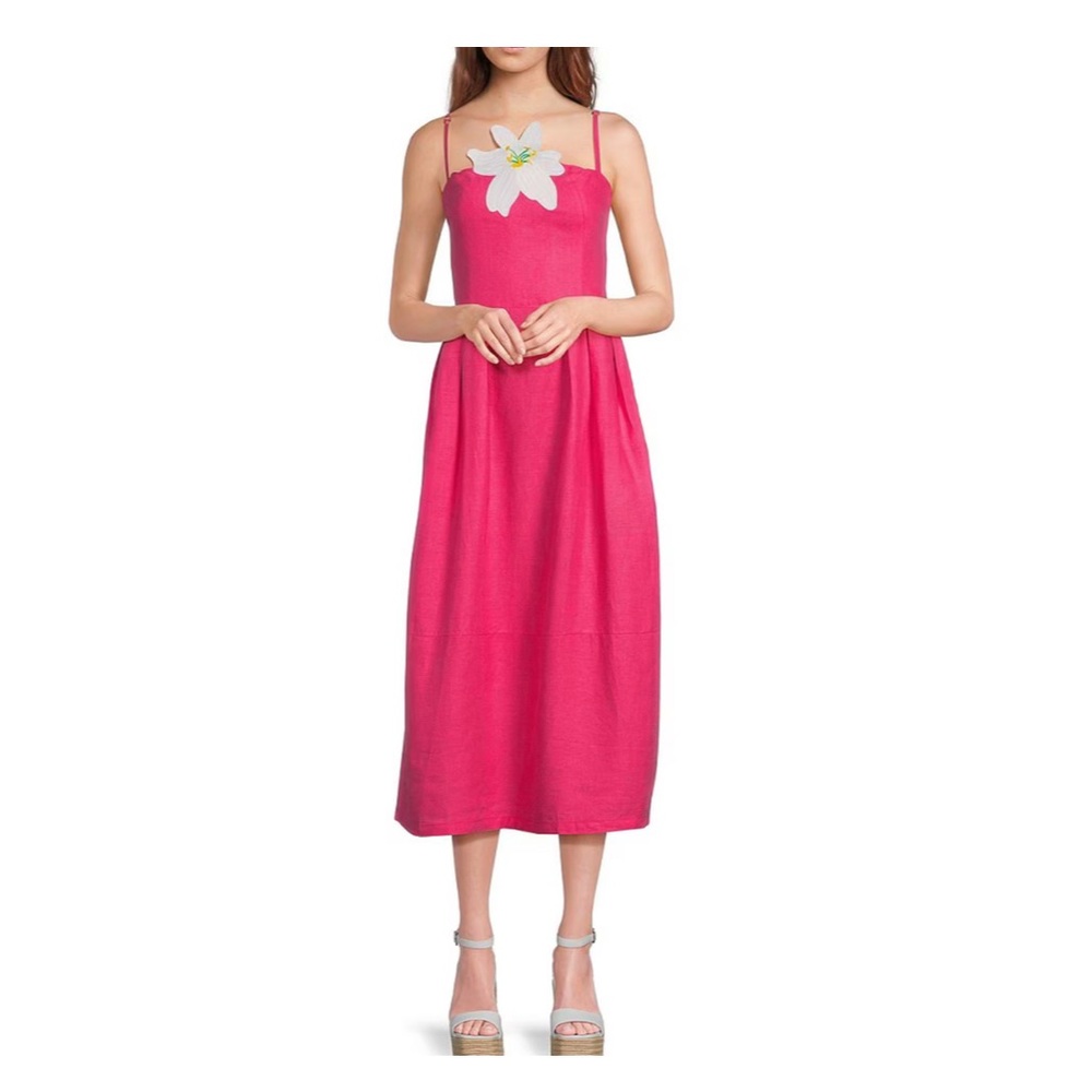 Fanm Mon Lorr Latice bloom embroidered detail strap Linen Maxi dressXL Fushia